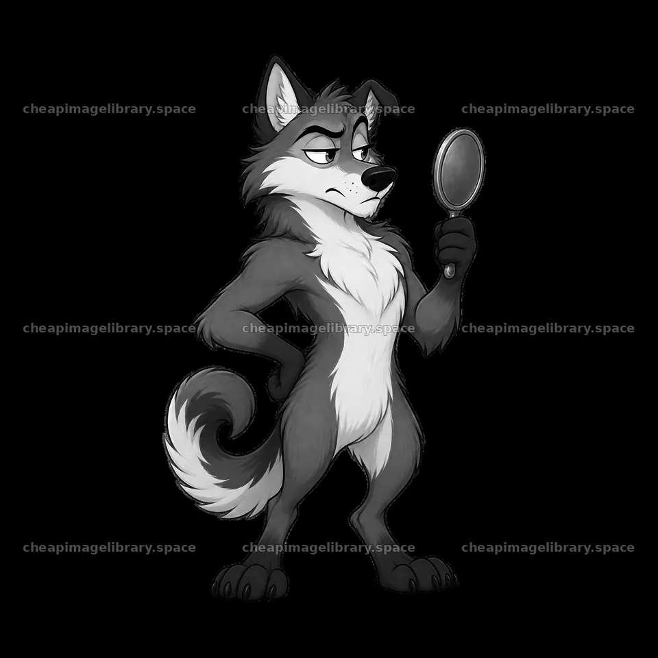 Grumpy wolf holding a mirror and looking at reflection – image library 7746x7746