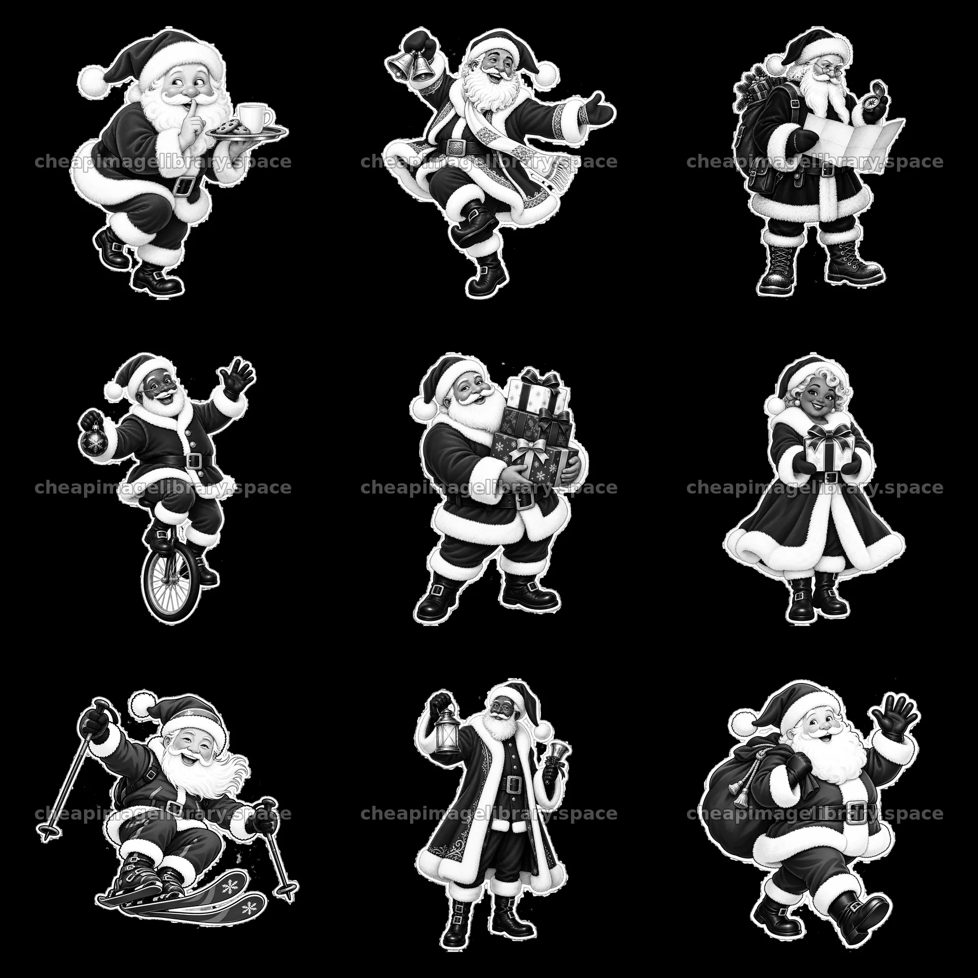 Santa Claus in different activities in a 3x3 grid layout – image library 7746x7746