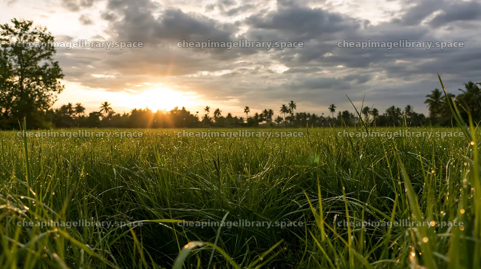 Kochi monsoon meadow rain beaded grasses at sunset – image library 10608x5938