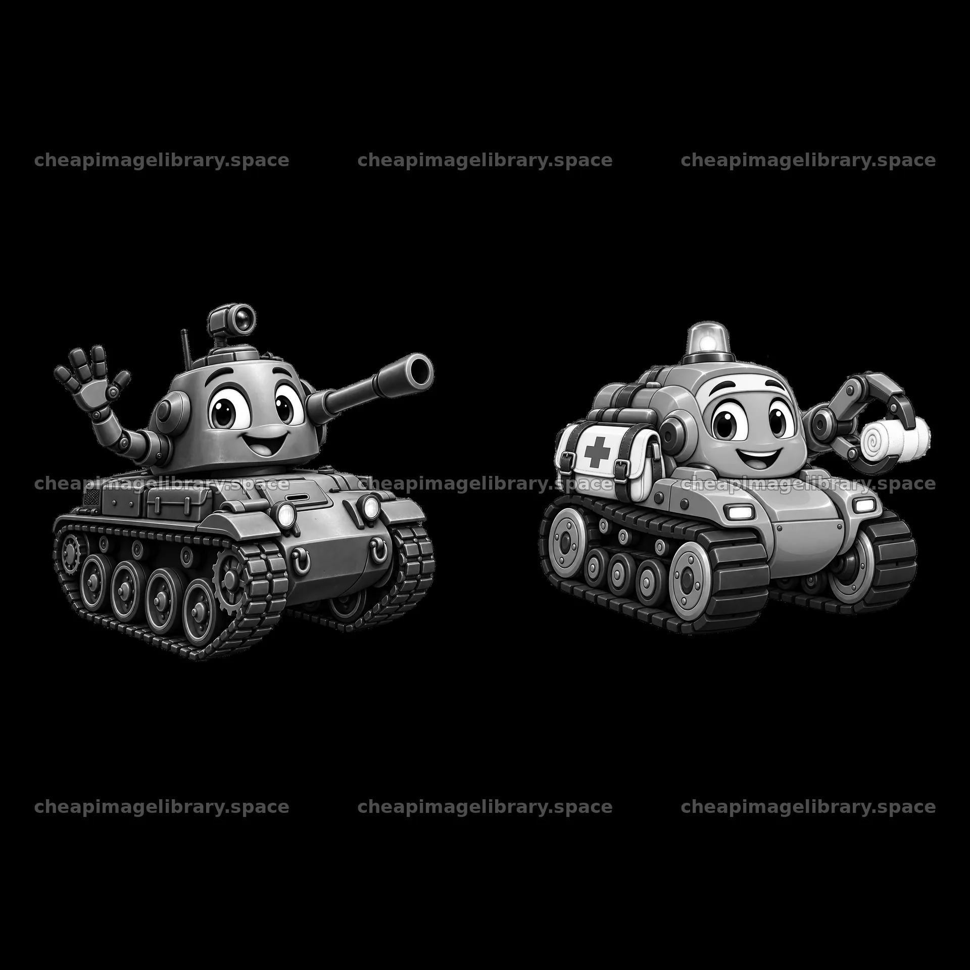 Cartoon tank characters with smiling faces and accessories – image library 7746x7746