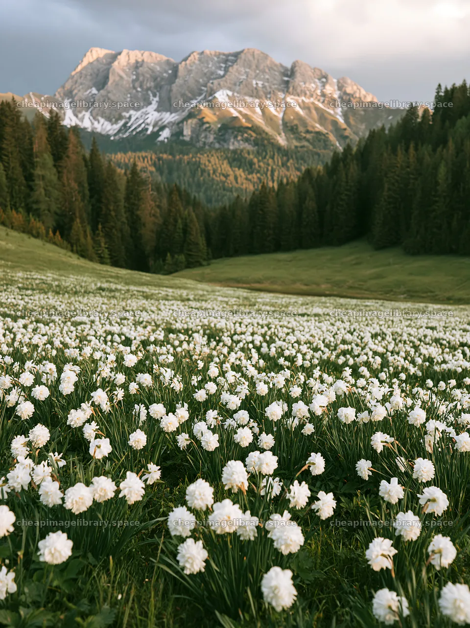 Meadow filled with white flowers and mountains in the background – image library 6866x9174