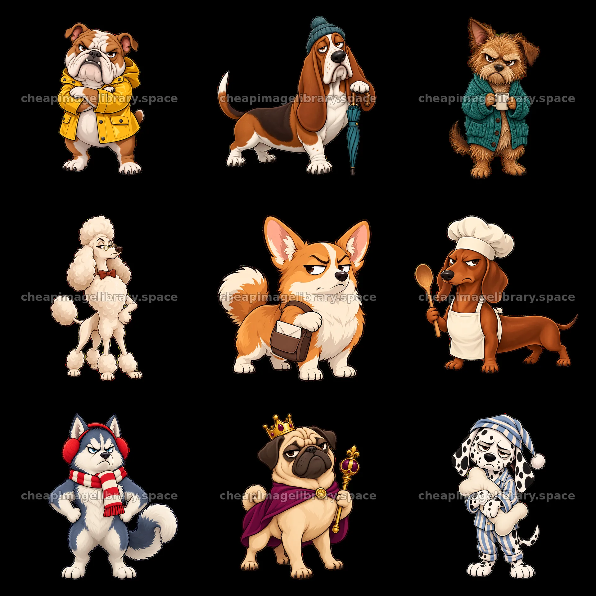 Grumpy dog stickers in a 3x3 grid with various expressions – image library 7746x7746