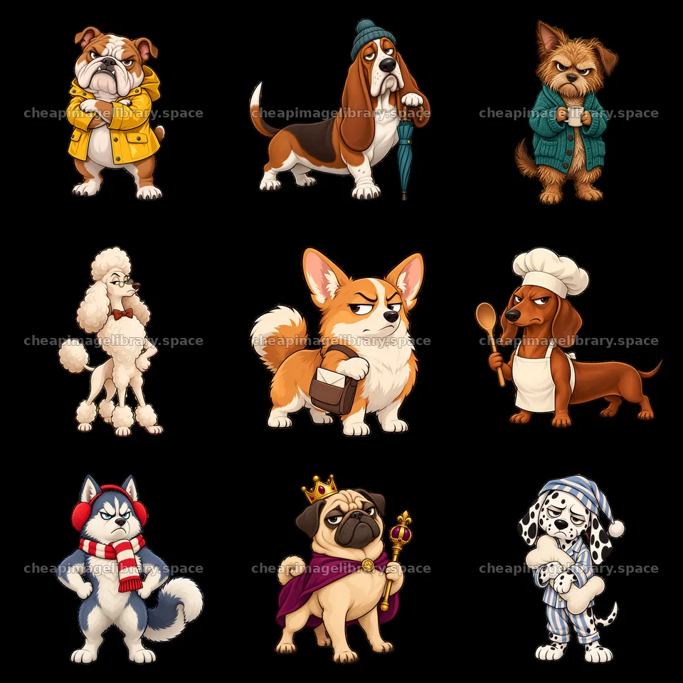 Grumpy dog stickers in a 3x3 grid with various expressions – image library 7746x7746