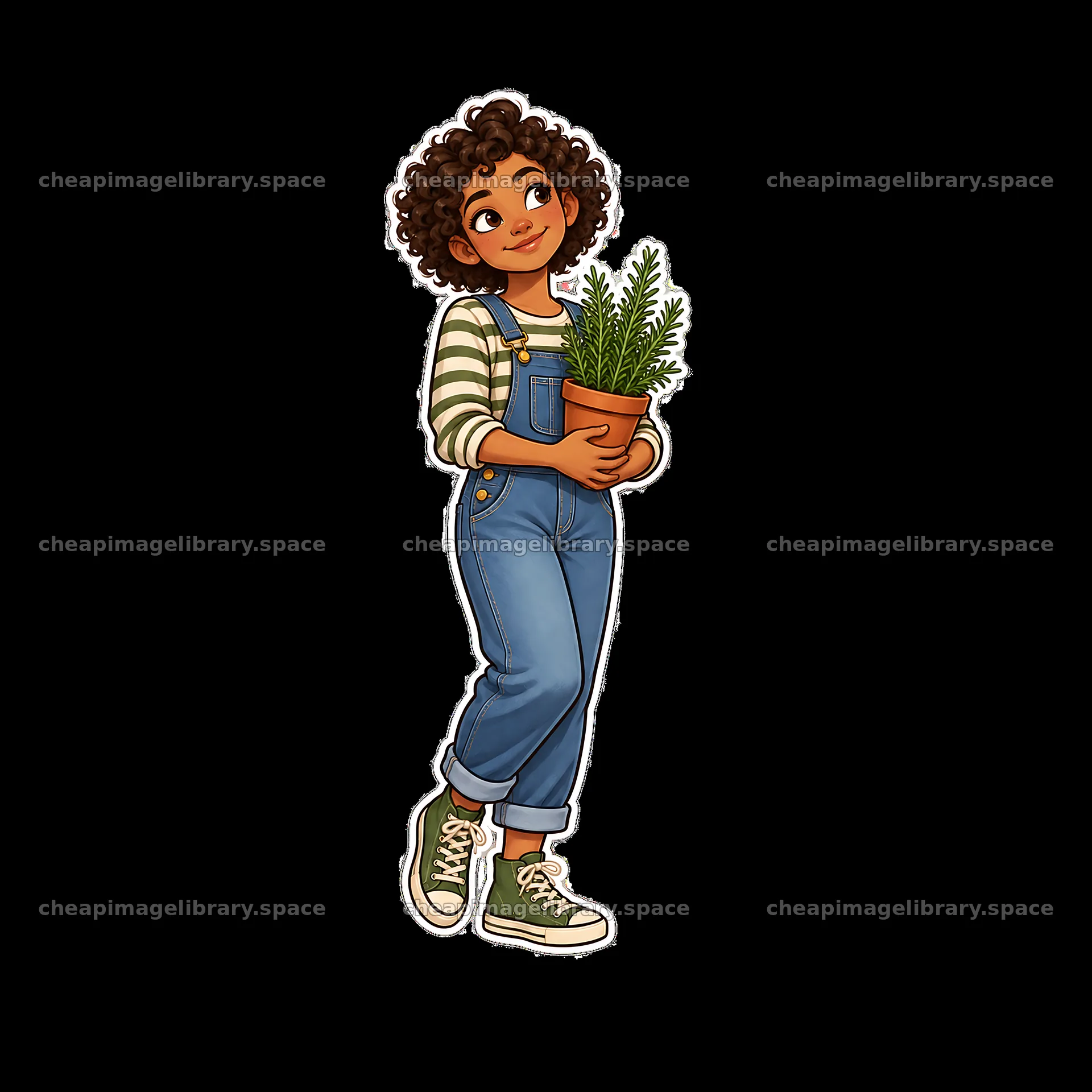 Girl holding a potted plant while wearing overalls and sneakers – image library 7746x7746