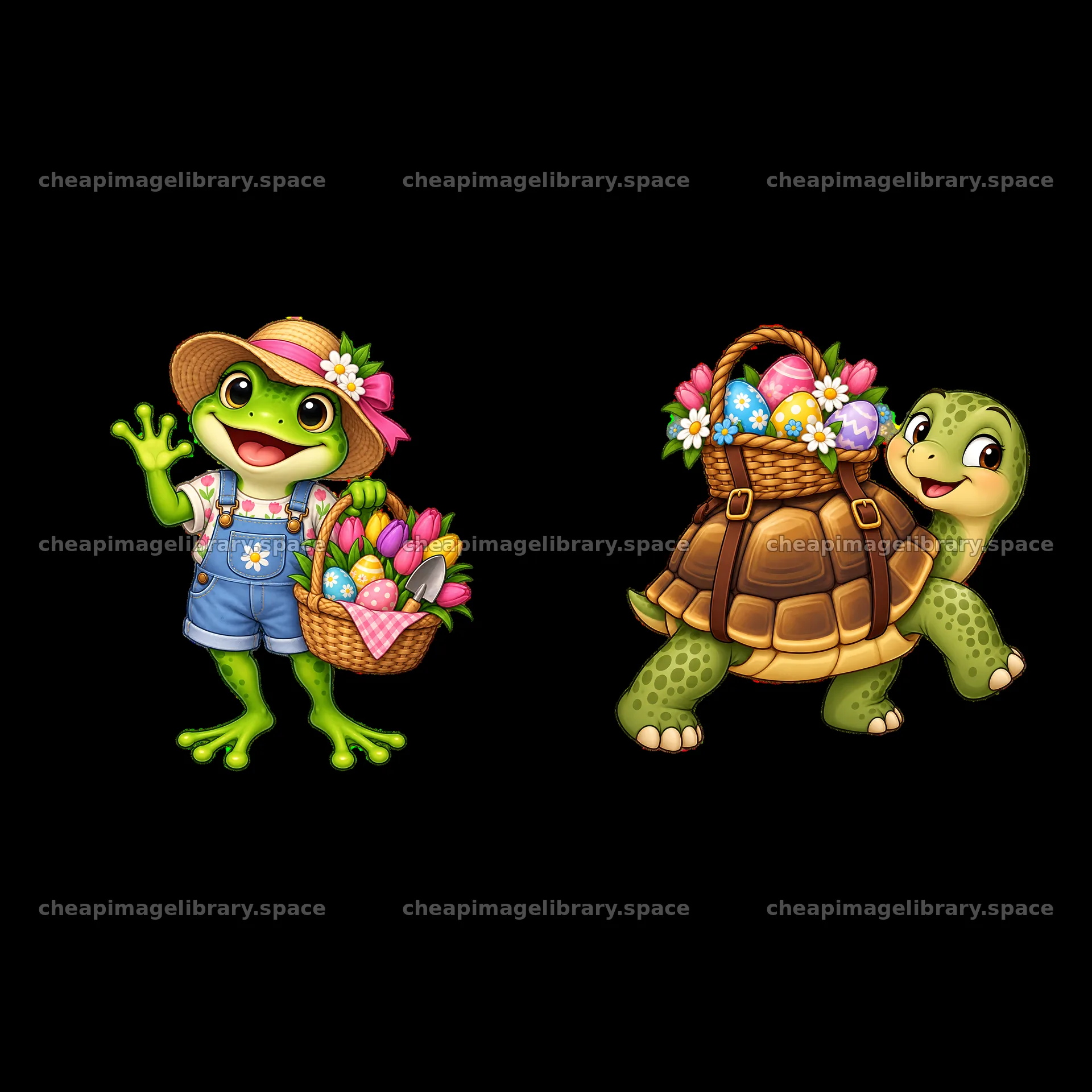 Frog and turtle holding Easter baskets with flowers and eggs – image library 7746x7746