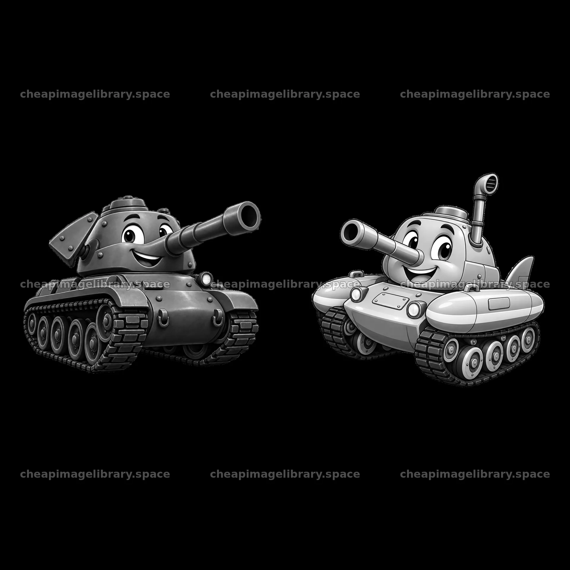 Cartoon tanks with smiling faces in playful poses – image library 7746x7746
