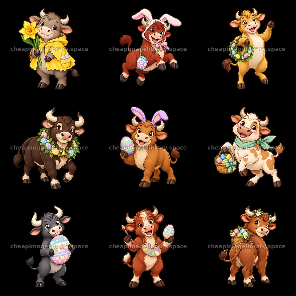Easter ox characters with colorful accessories in a 3x3 layout – image library 7746x7746