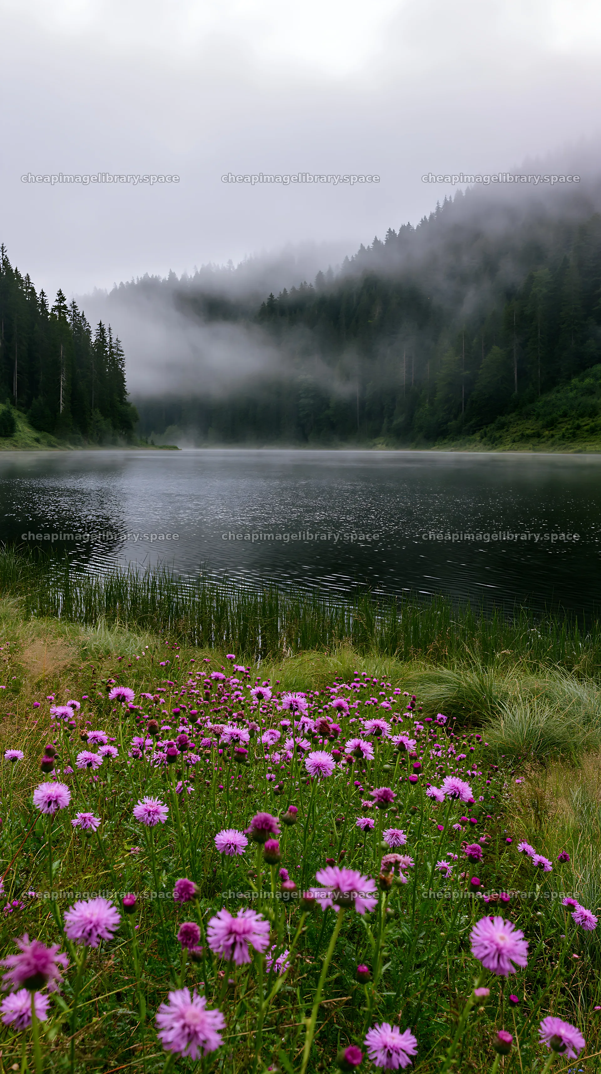 Lakeside meadow with flowers and fog in Germany – image library 5938x10608