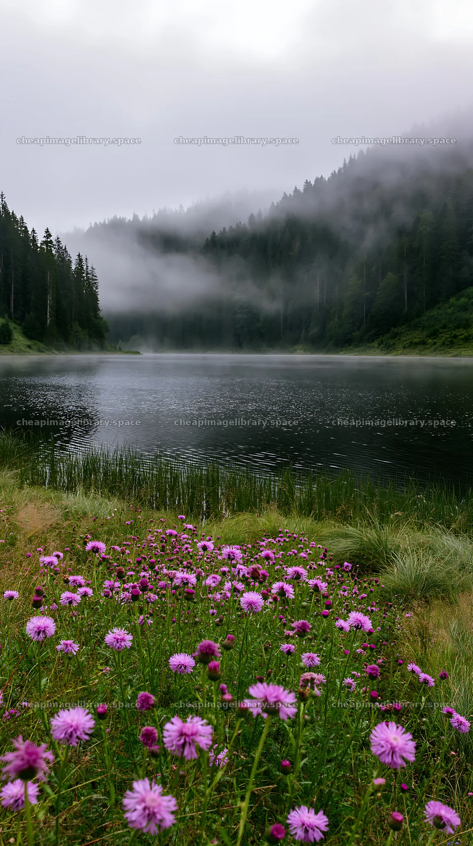 Lakeside meadow with flowers and fog in Germany – image library 5938x10608