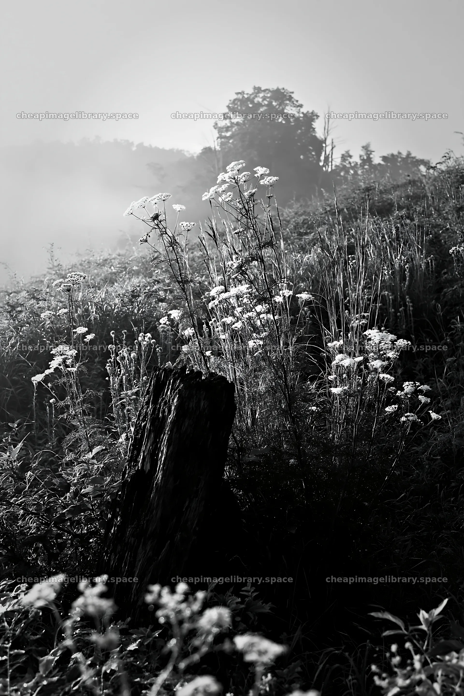 Fukushima native meadow with weathered stump in soft morning light – image library 6480x9722