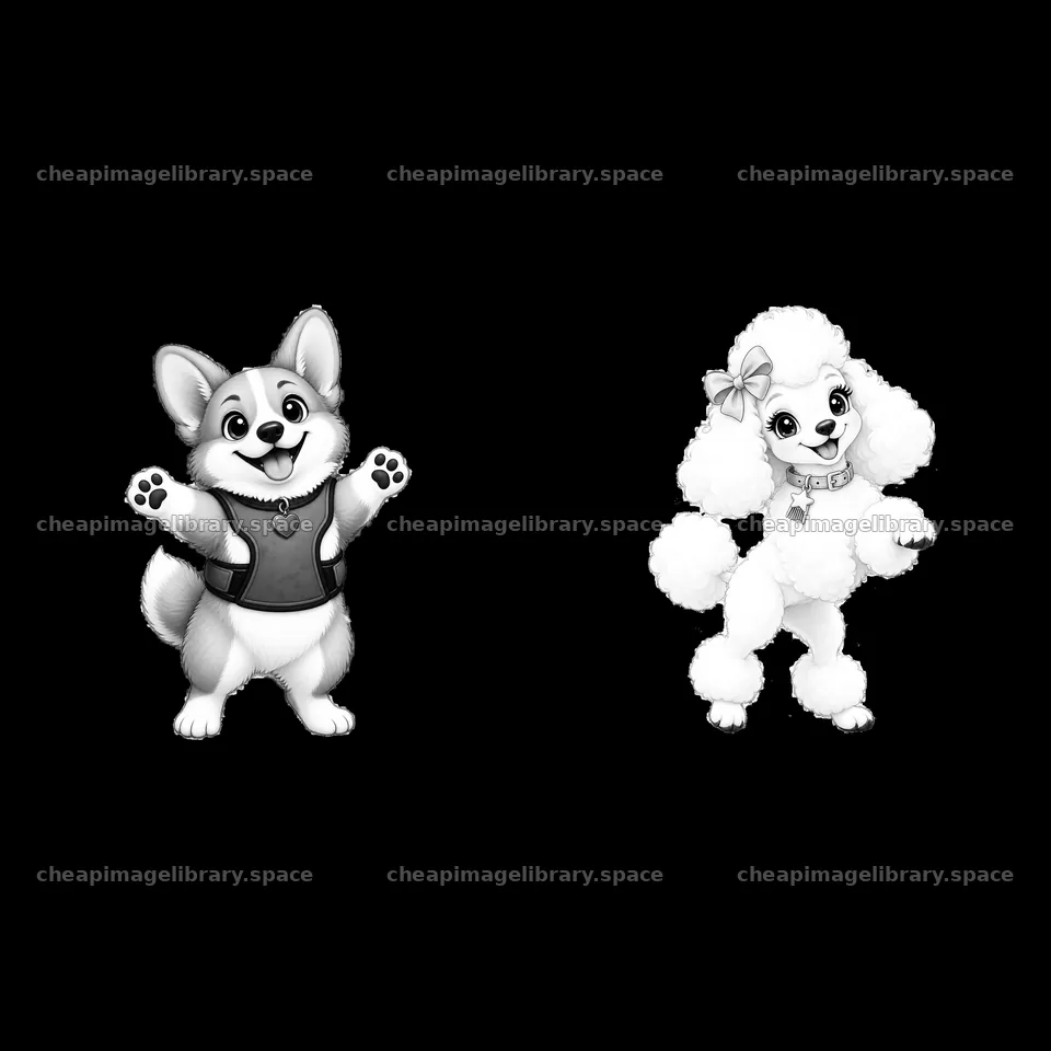 Cute K-9 dogs in playful poses with accessories in black and white – image library 7746x7746