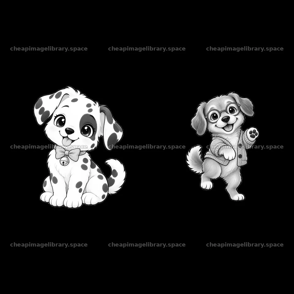 Cute cartoon dogs with accessories in a playful pose – image library 7746x7746