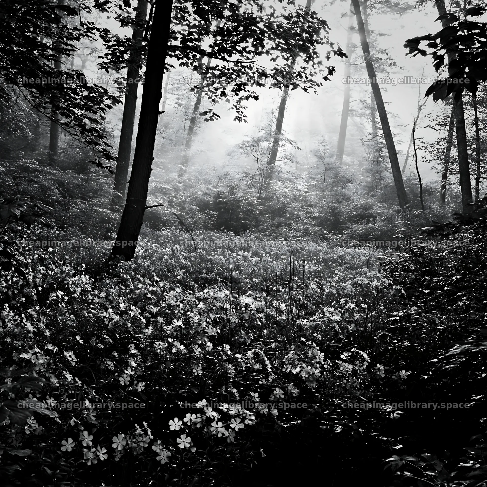 Misty forest meadow with blue flowers and sunlight – image library 7938x7938