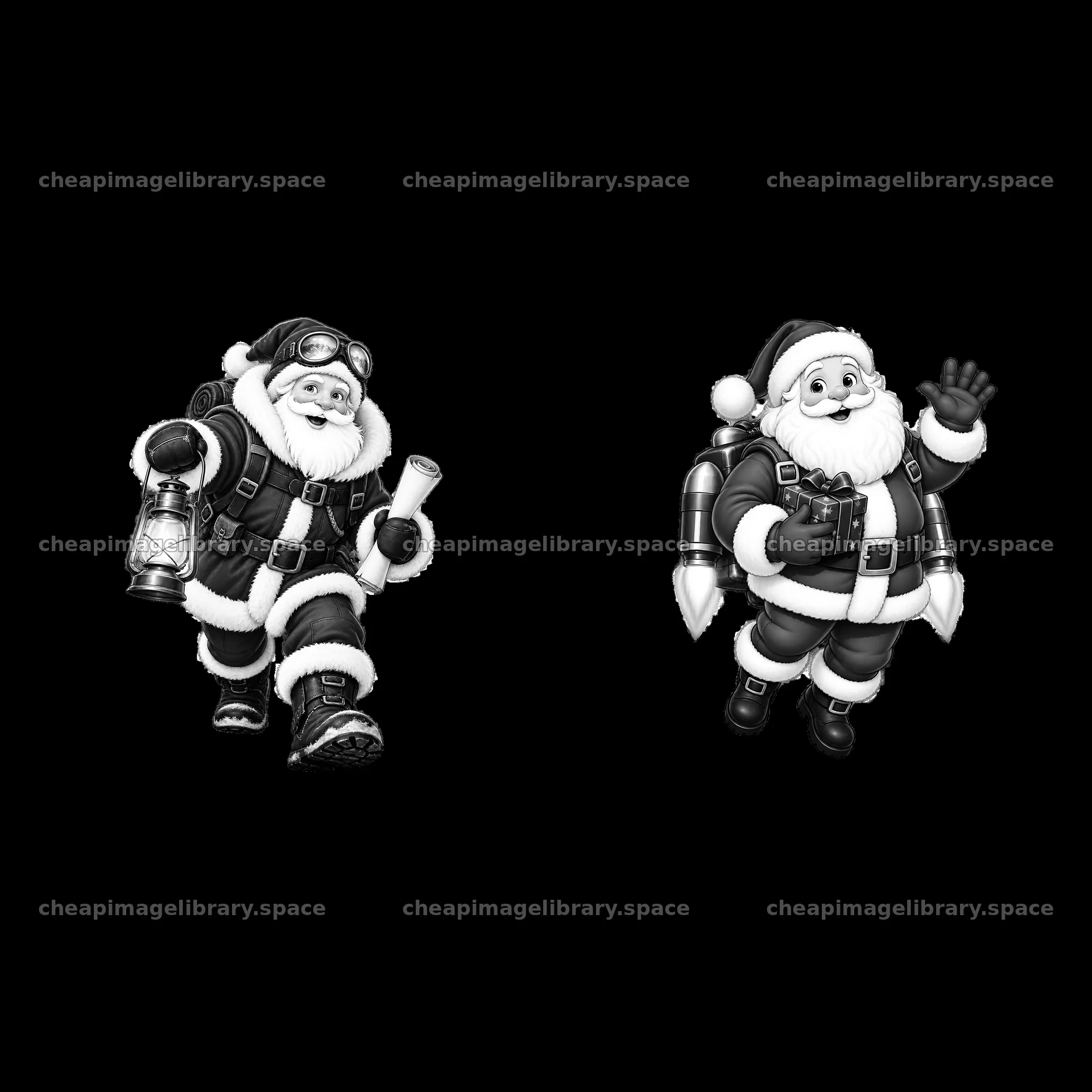 Santa Claus carrying a lantern and holding a gift with jetpack – image library 7746x7746