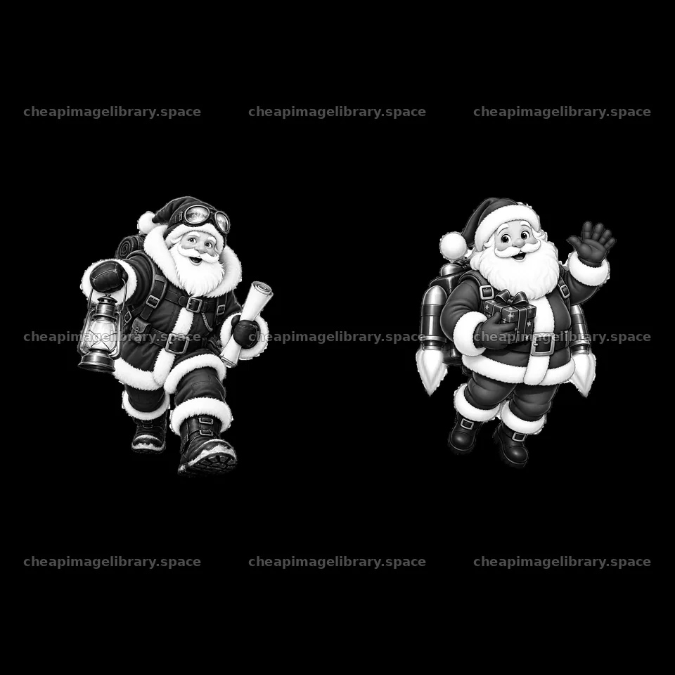 Santa Claus carrying a lantern and holding a gift with jetpack – image library 7746x7746