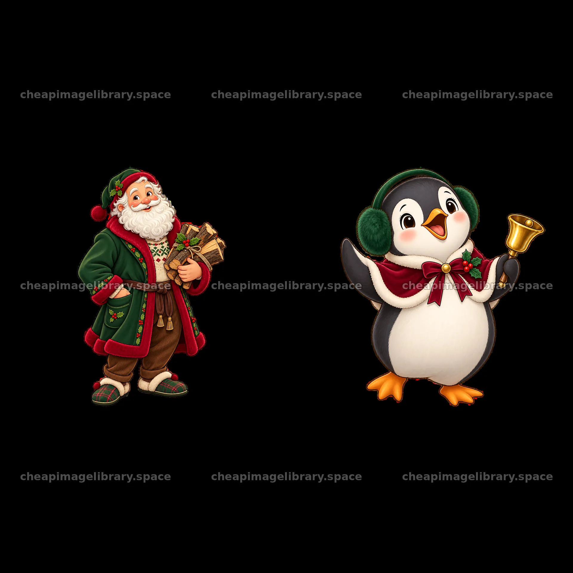 Santa Claus and penguin with gifts at a Christmas fireplace – image library 7746x7746
