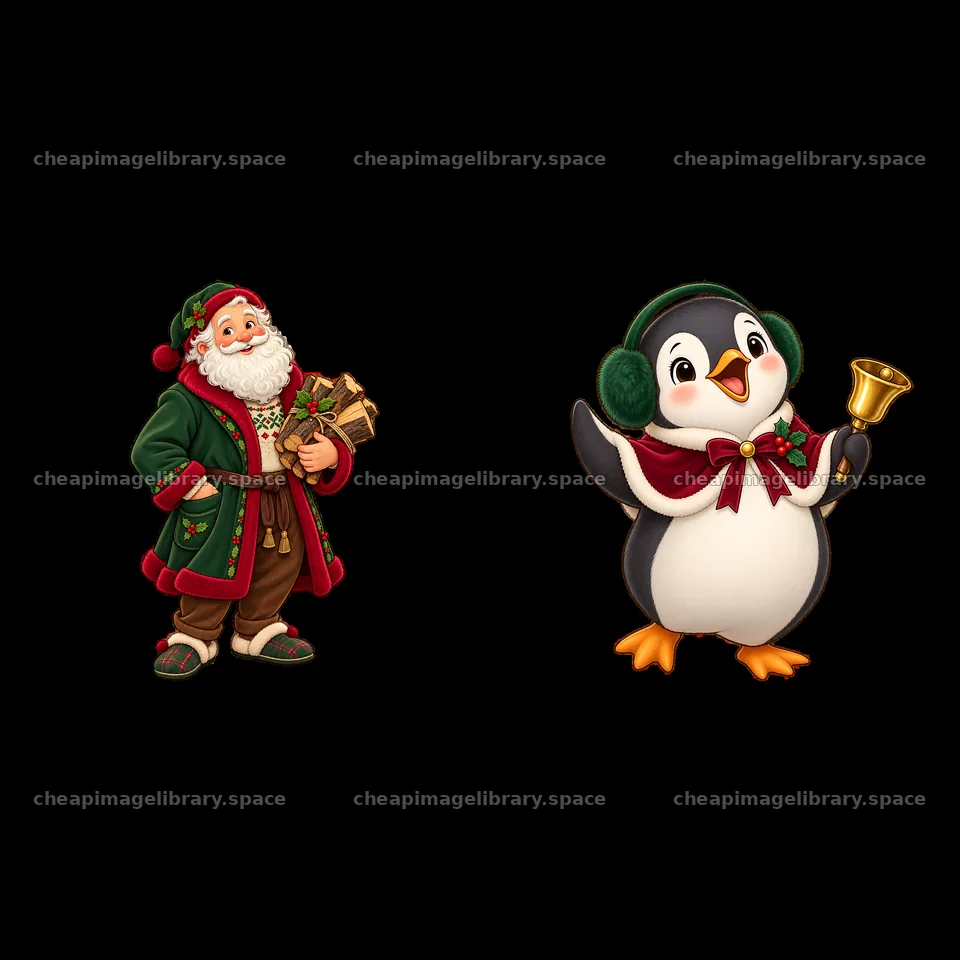 Santa Claus and penguin with gifts at a Christmas fireplace – image library 7746x7746