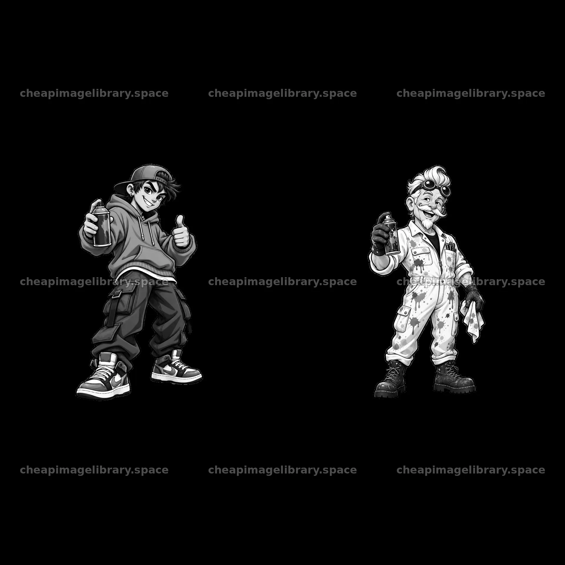 Cool graffiti sprayer duo giving thumbs up in black and white – image library 7746x7746