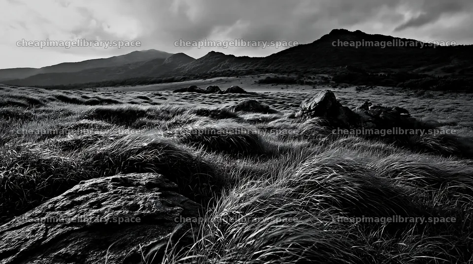 Oita highland meadow with granite stones in black and white – image library 10608x5938