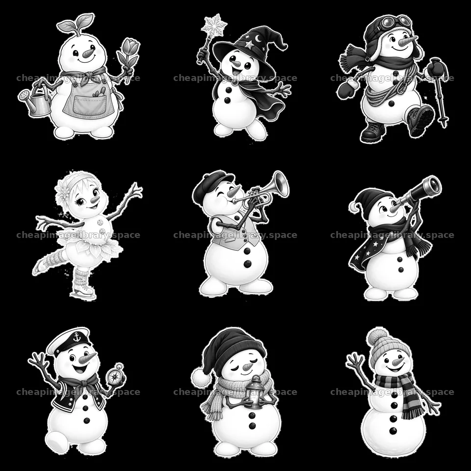 Snowman characters with various activities and accessories in a grid – image library 7746x7746