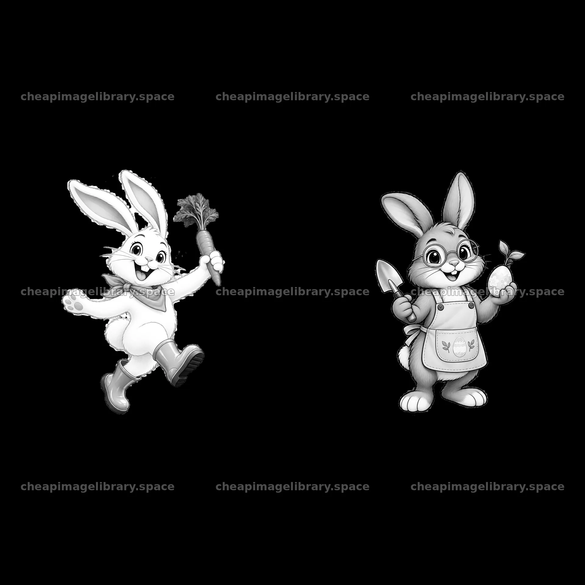 Easter bunny stickers holding carrots and gardening tools – image library 7746x7746