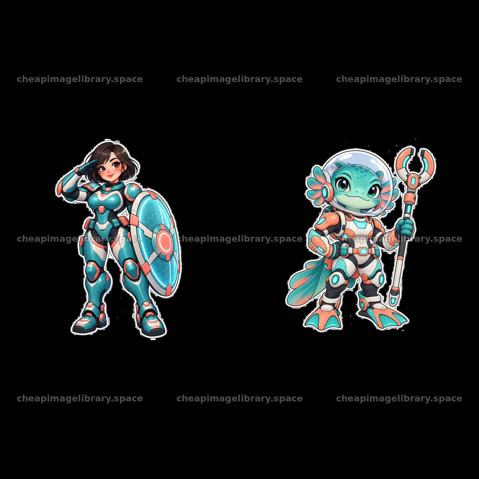 Kawaii futuristic super-soldiers with shield and staff – image library 7746x7746