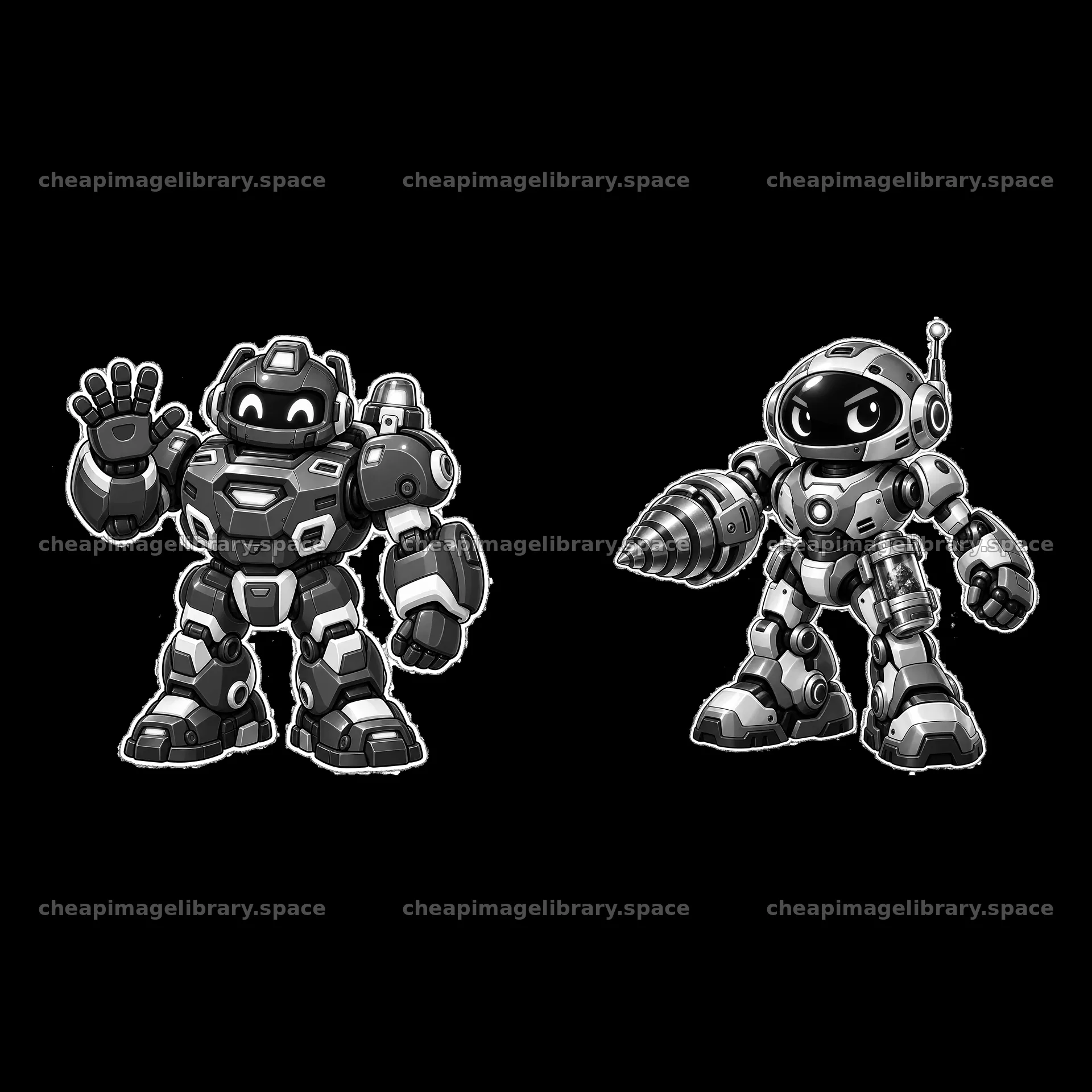 Mech robots in monochrome waving and drilling in black-and-white – image library 7746x7746