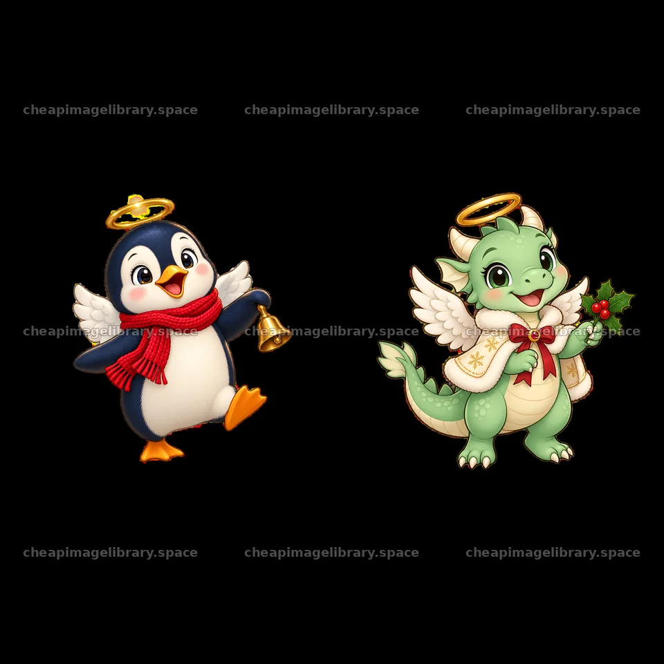 Christmas angel cartoon stickers featuring a penguin and a dragon – image library 7746x7746