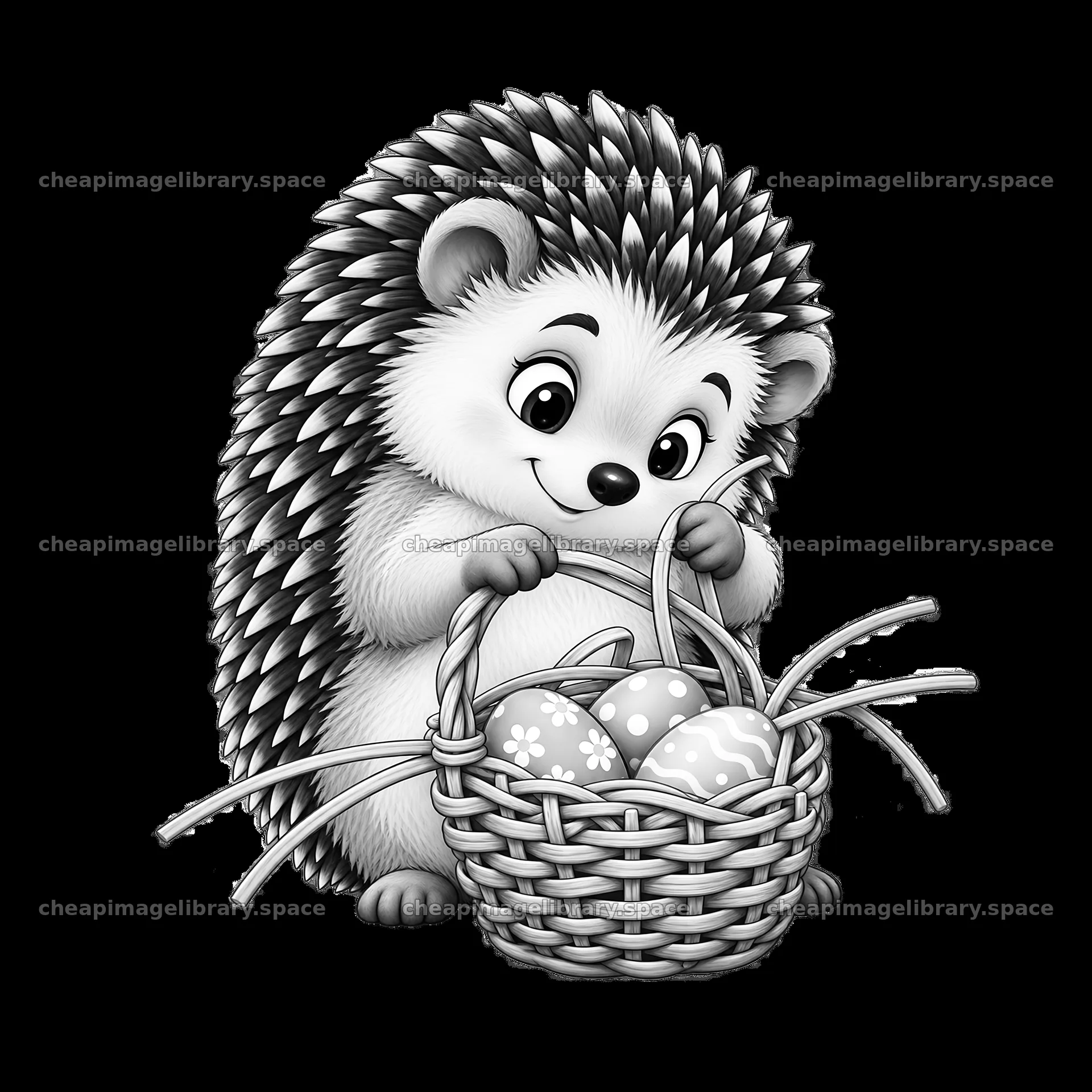 Hedgehog holding a basket with Easter eggs in black-and-white – image library 7746x7746