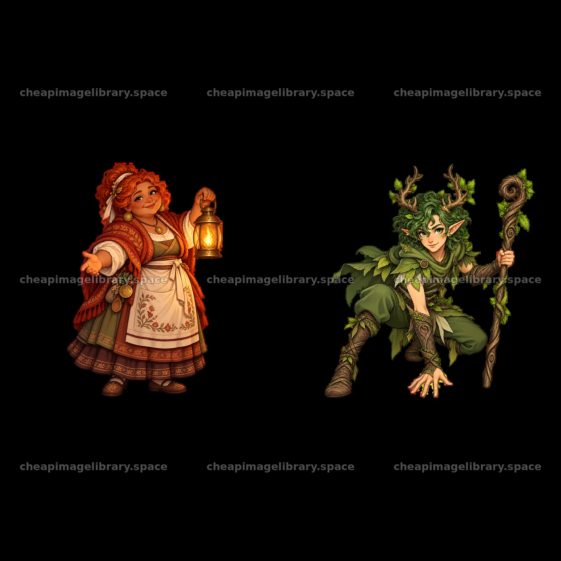 Pagan gods illustration with a goddess and a woodland deity – image library 7746x7746