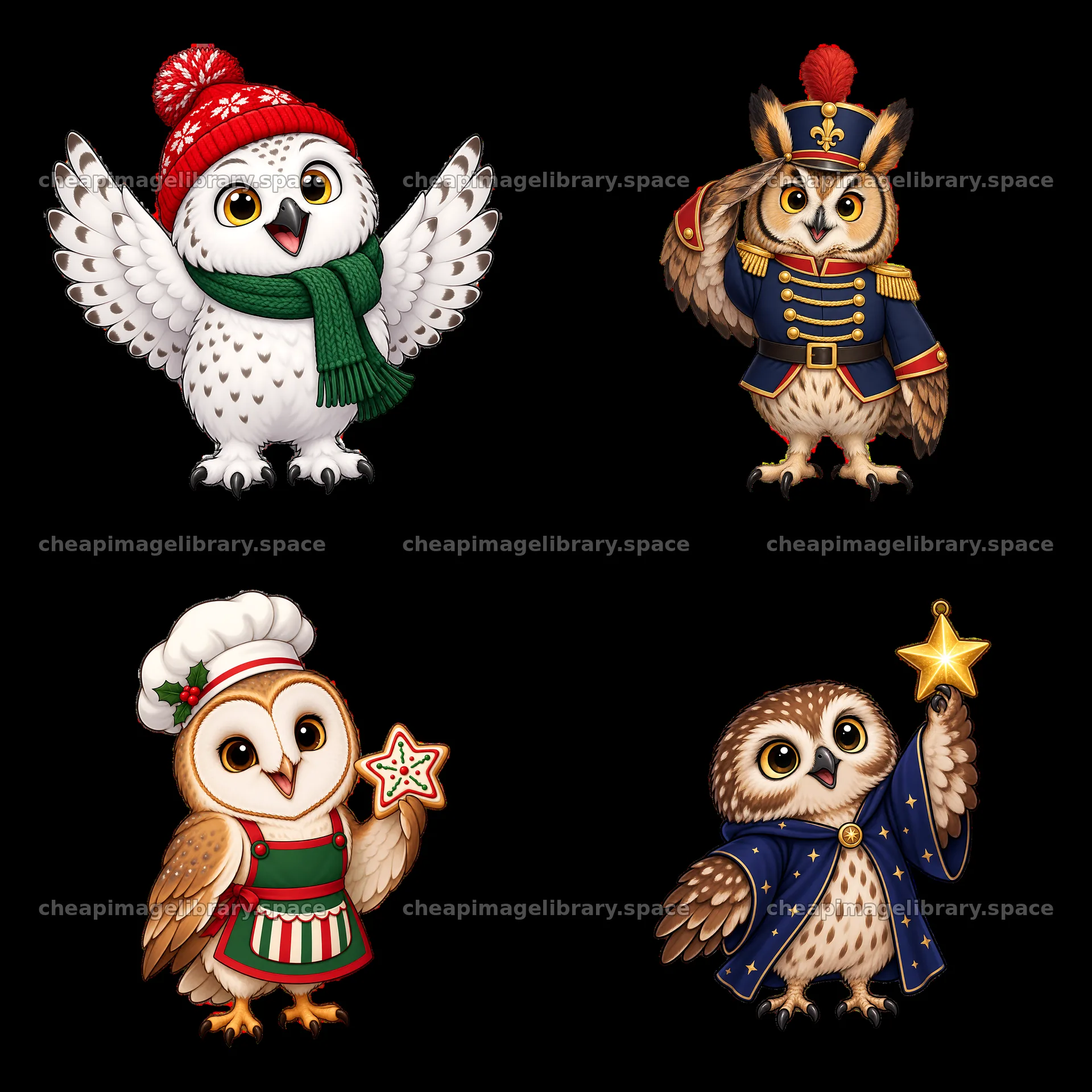 Christmas owls in festive costumes with props and decorations – image library 7746x7746