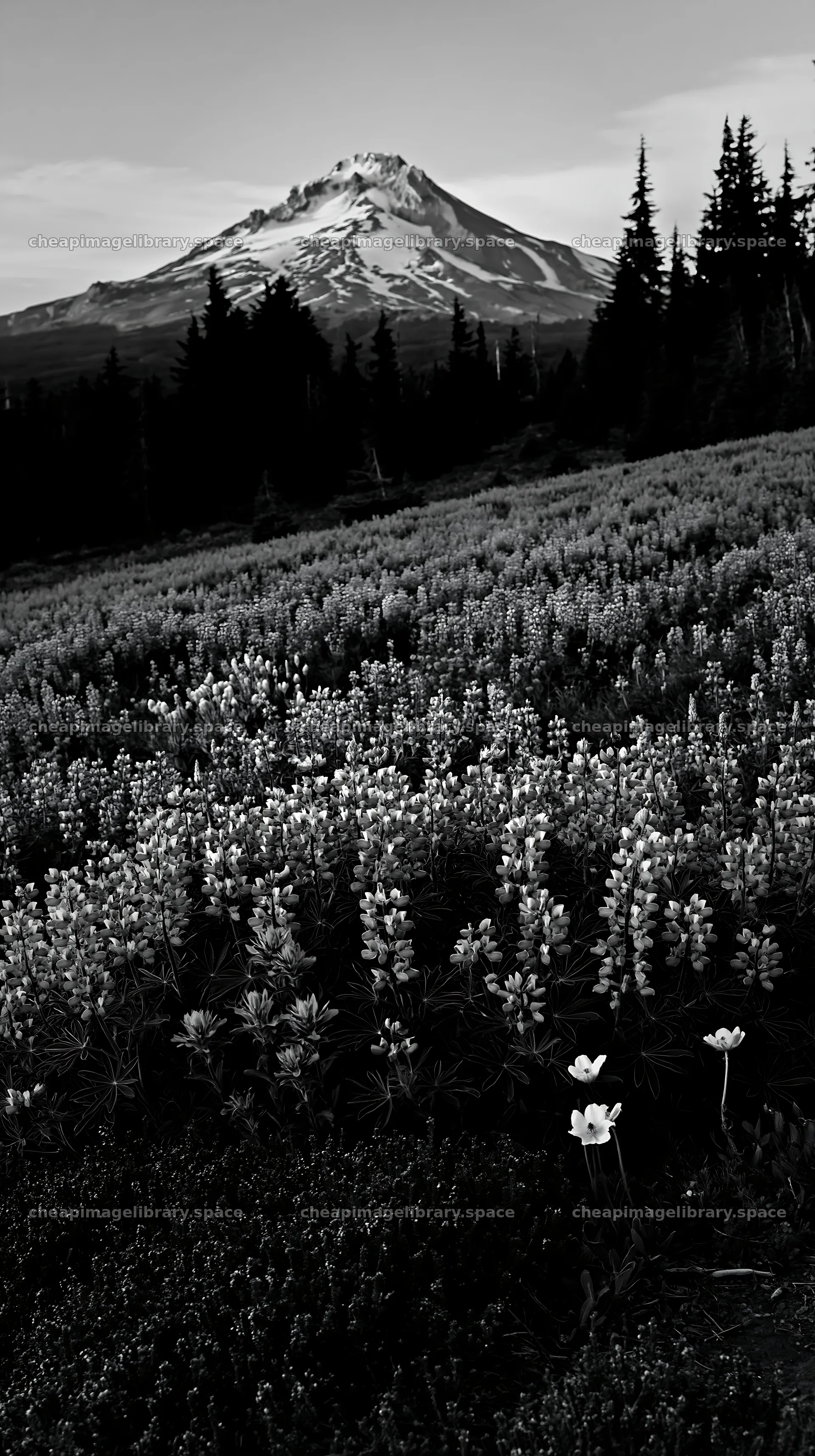 Colorful lupine meadow with mountain view at sunset – image library 5938x10608