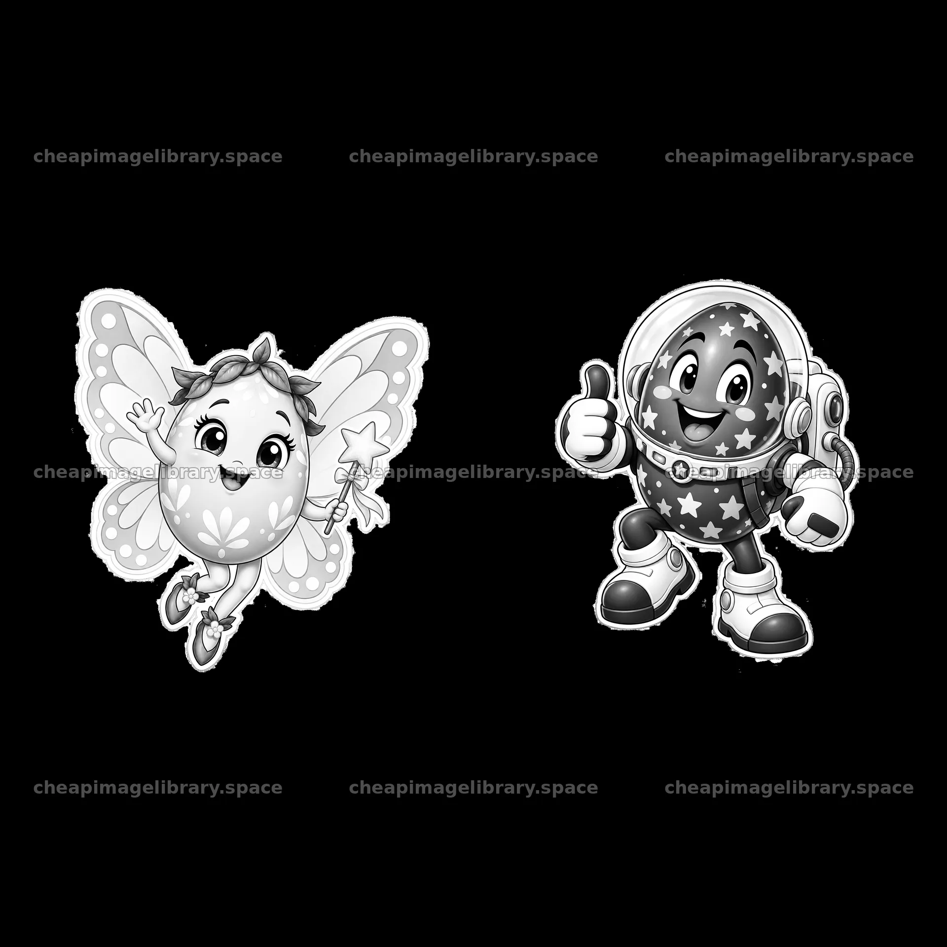 Easter egg characters with butterfly and thumbs up gesture – image library 7746x7746