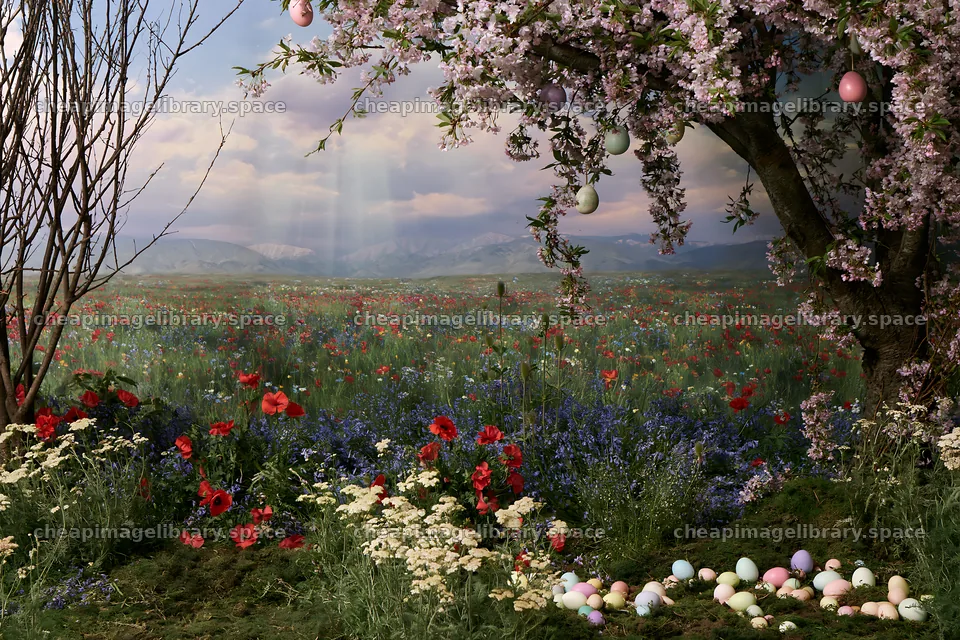 Pastoral meadow with Easter eggs under a flowering tree – image library 9722x6480
