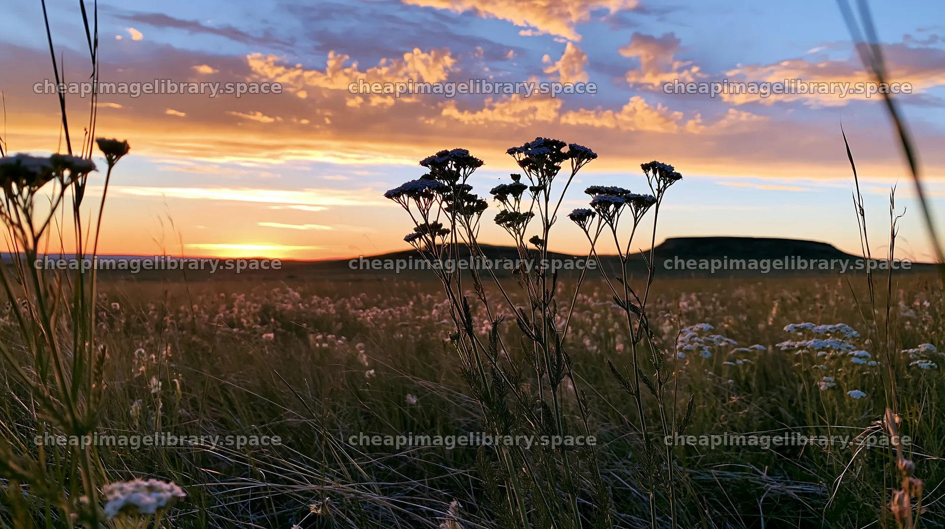 Yarrow meadow bloom at sunset with hills in the background – image library 10608x5938
