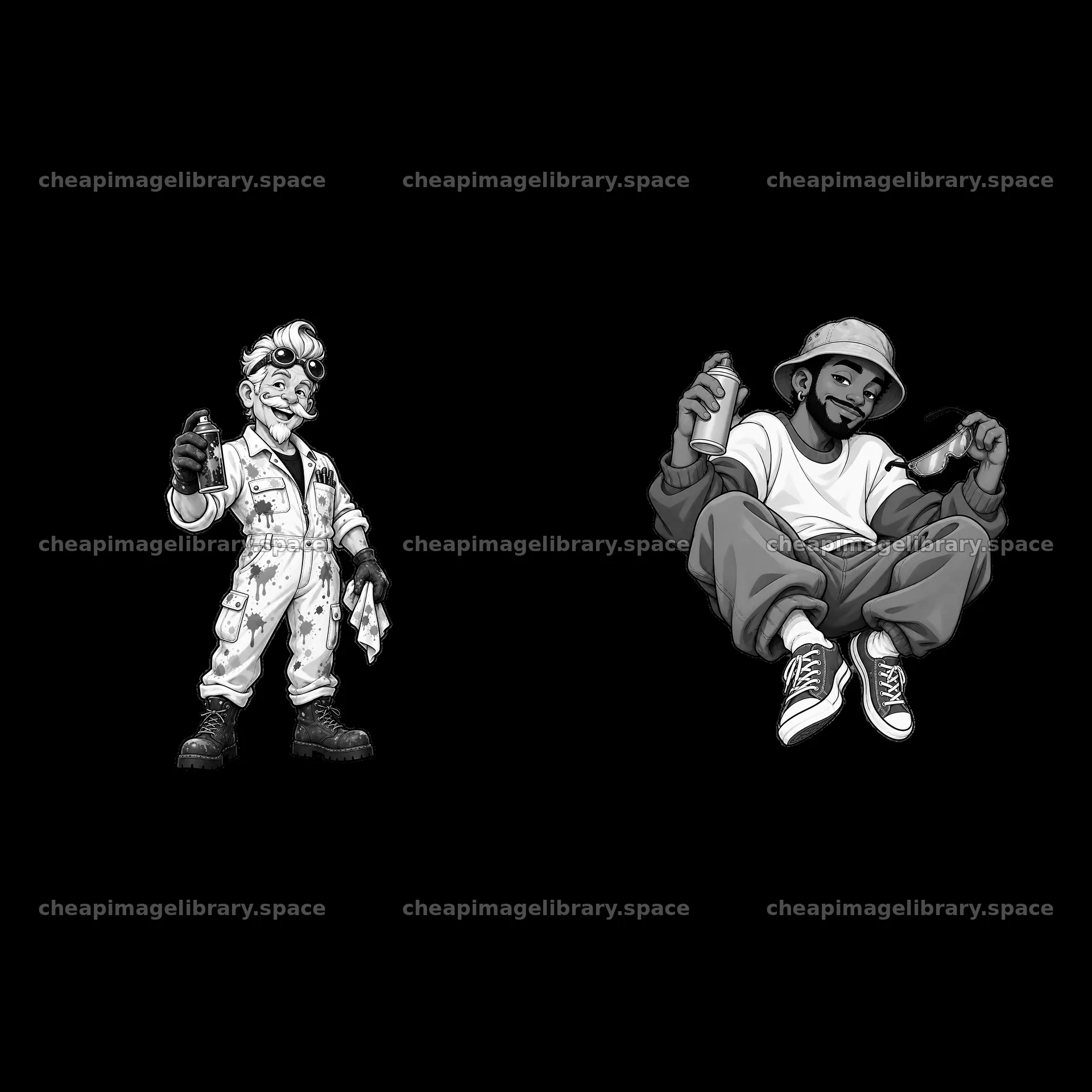 Cool graffiti sprayer characters in monochrome illustration – image library 7746x7746