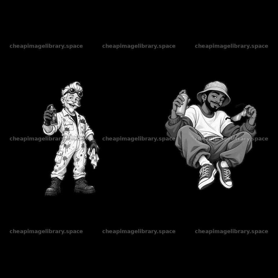 Cool graffiti sprayer characters in monochrome illustration – image library 7746x7746