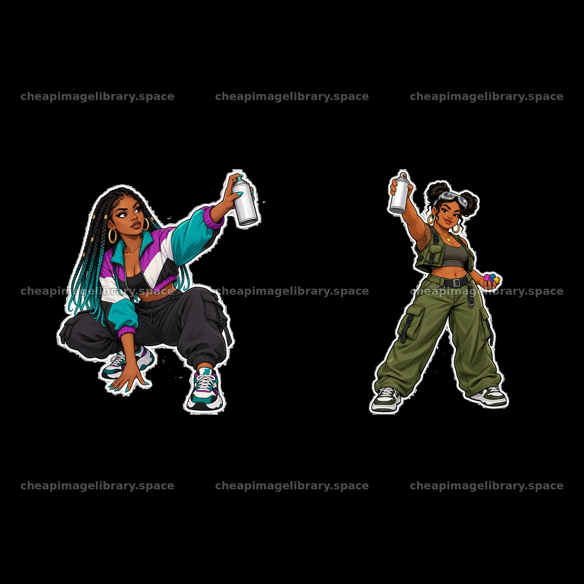 Sexy female graffiti sprayers in urban clothing holding spray cans – image library 7746x7746