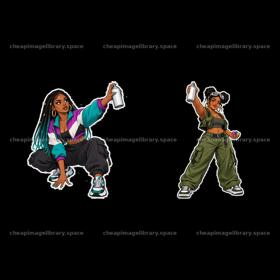Sexy female graffiti sprayers in urban clothing holding spray cans – image library 7746x7746