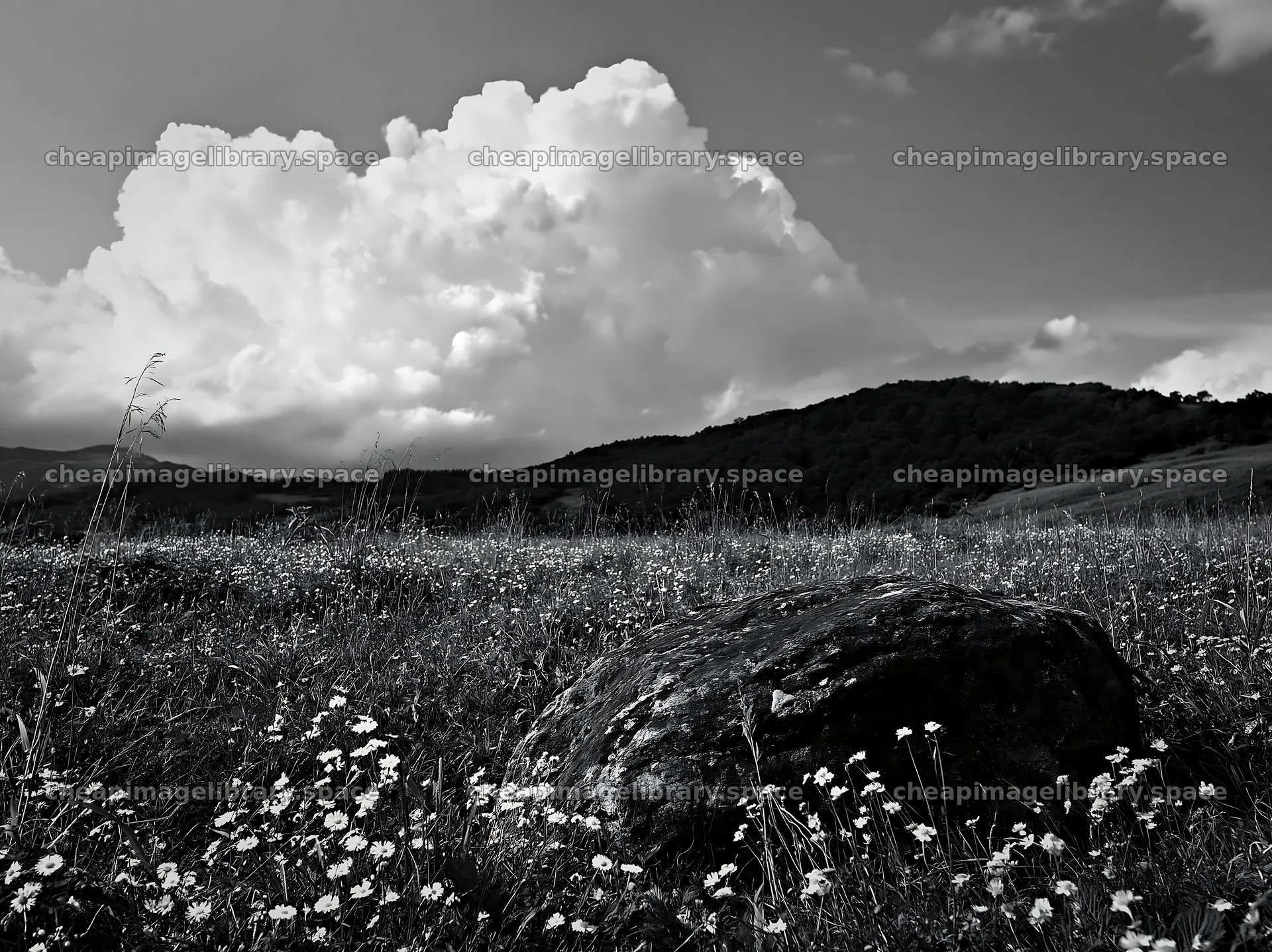 Aomori climate resilient meadow with boulder – image library 9174x6866