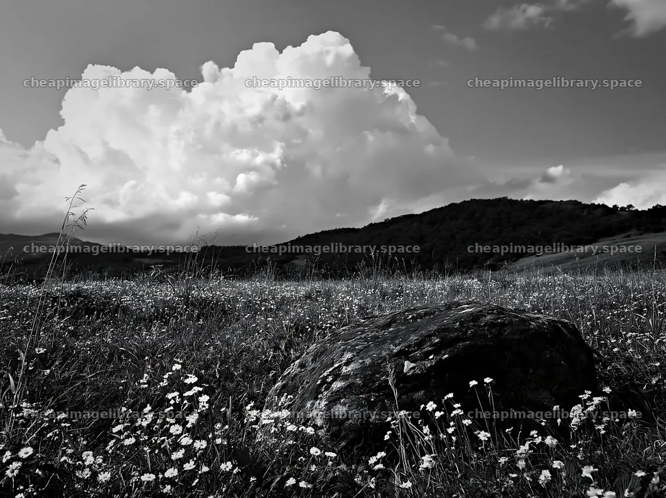 Aomori climate resilient meadow with boulder – image library 9174x6866