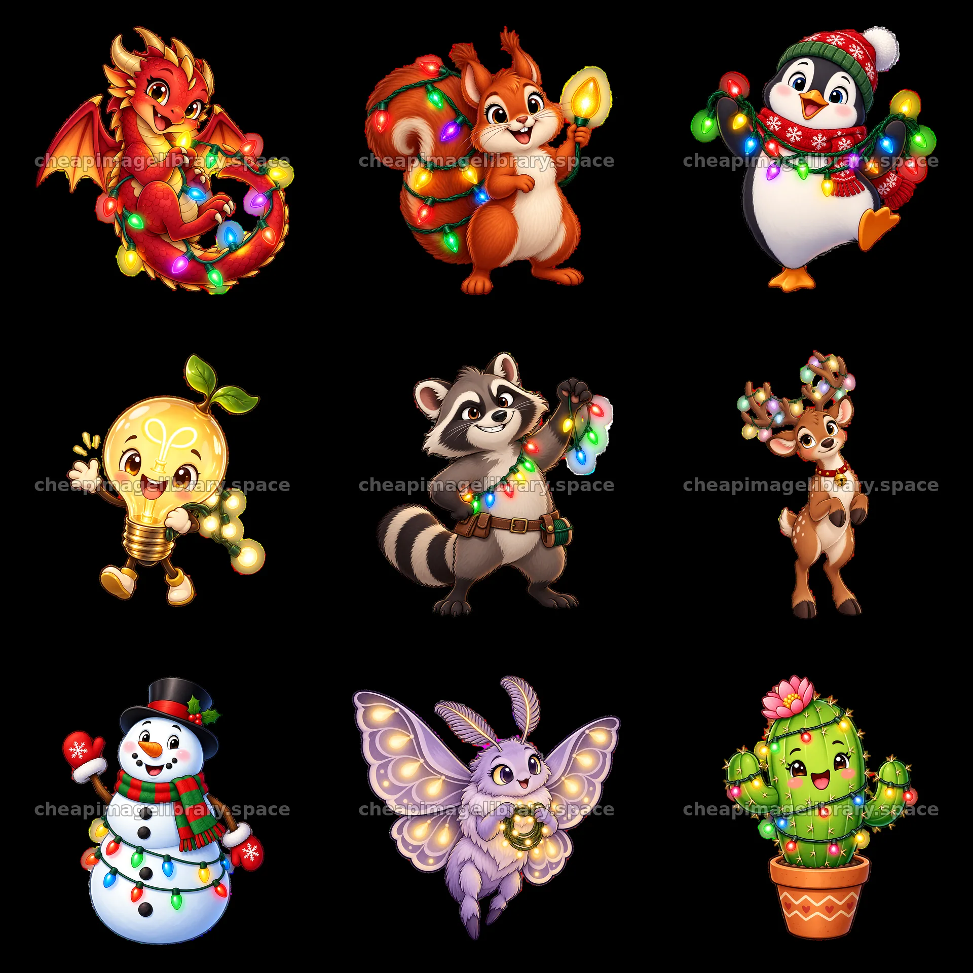 Cartoon animals and character stickers with string lights – image library 7746x7746