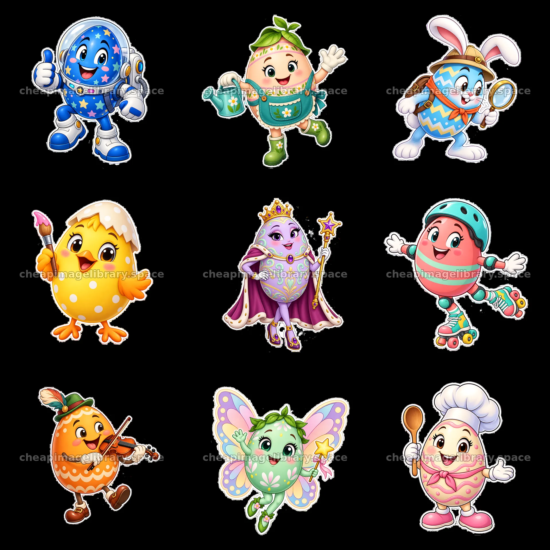 Easter cartoon characters in a 3x3 grid with various activities – image library 7746x7746
