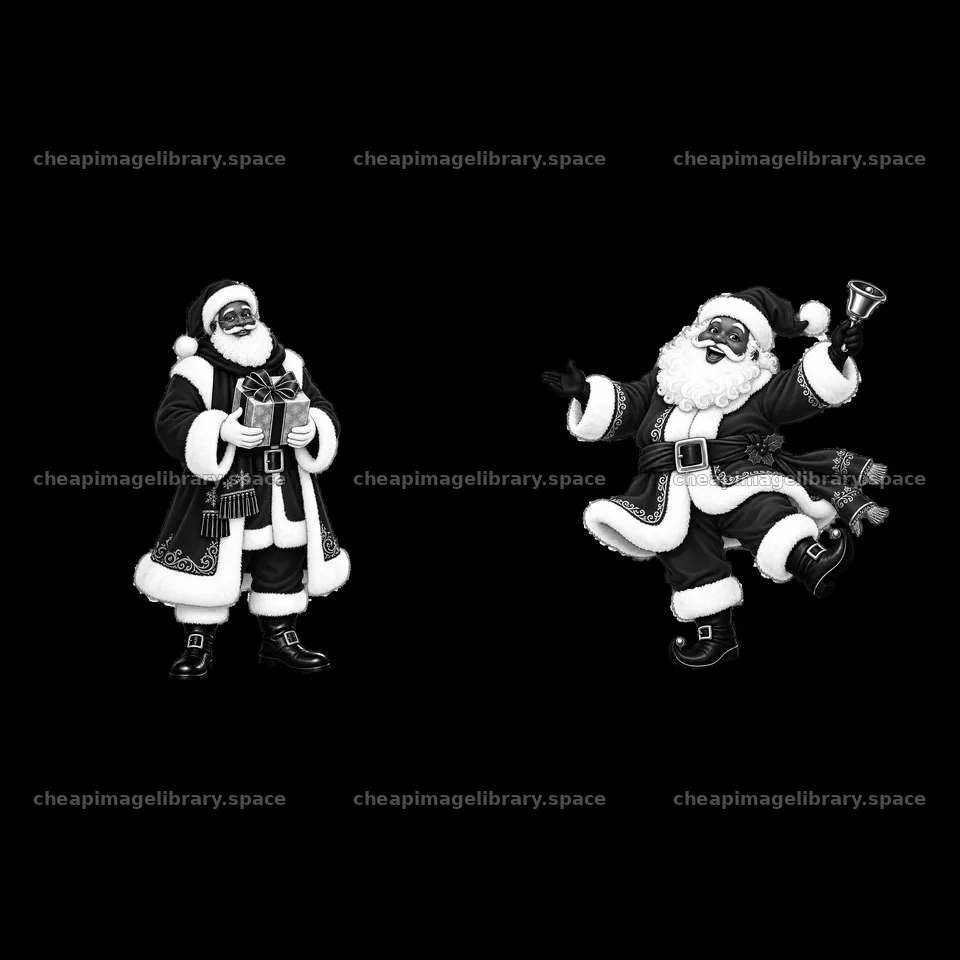 Santa Claus figures with presents and bells in black and white – image library 7746x7746