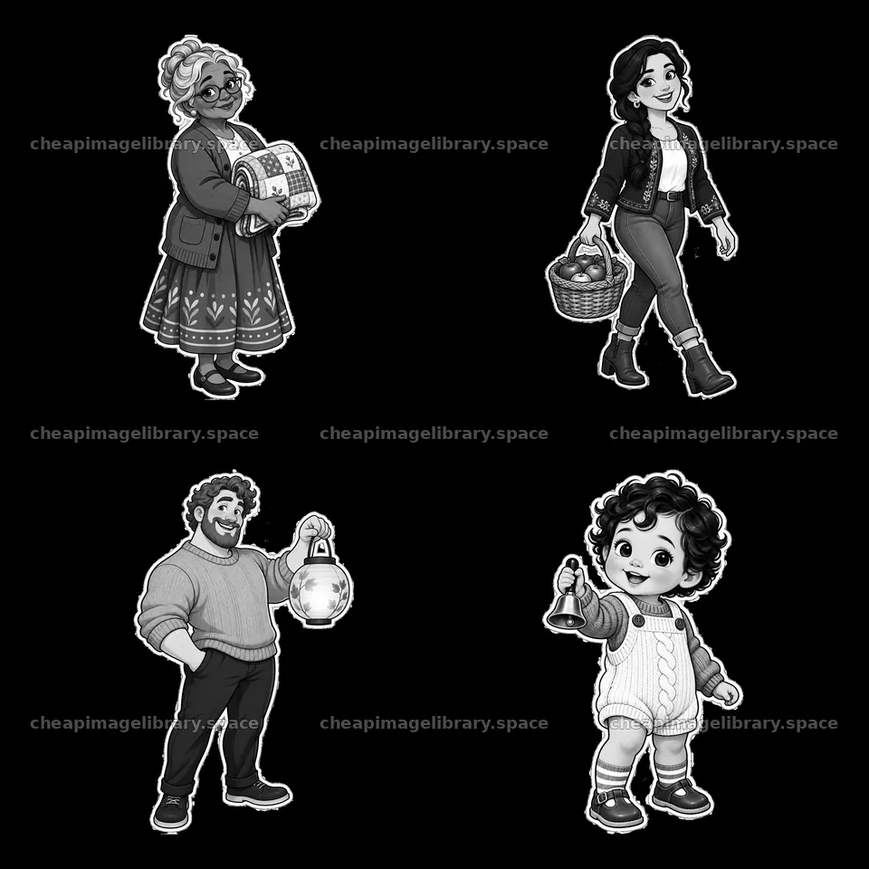 Family members holding various items in monochrome illustration – image library 7746x7746