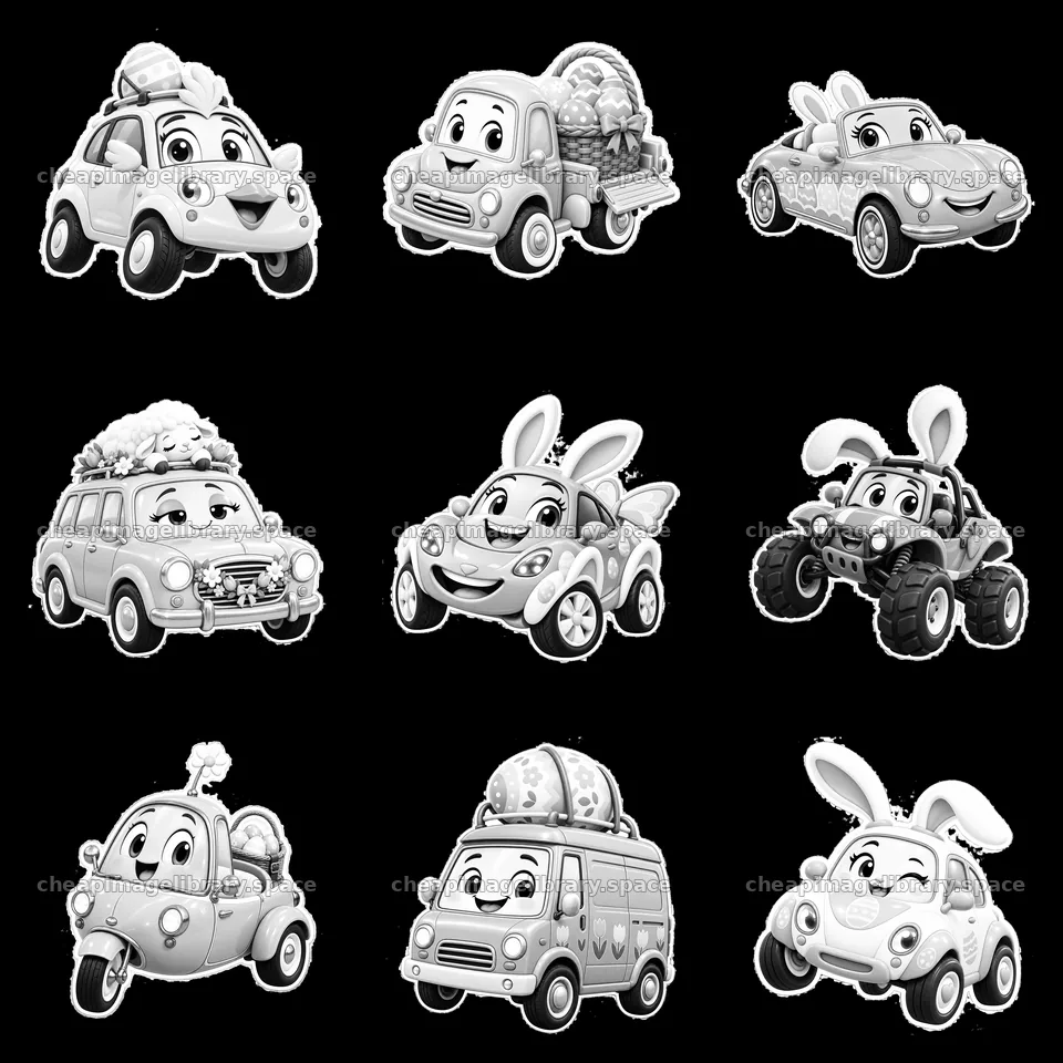 Easter-themed cartoon cars with bunny characters and decorations – image library 7746x7746