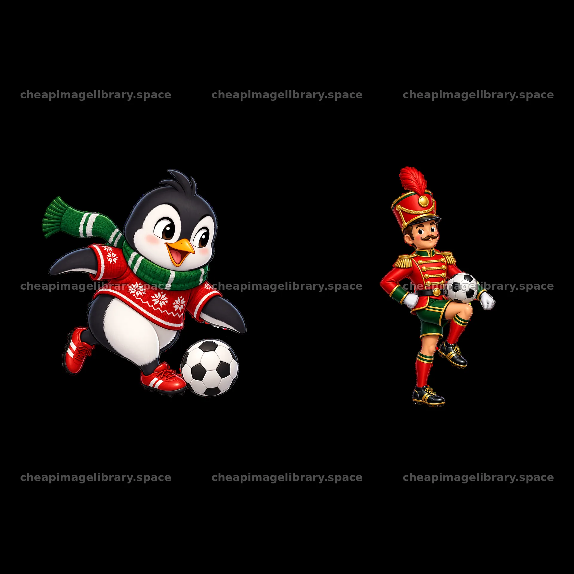 Penguin in sweater plays soccer with toy soldier in uniform – image library 7746x7746