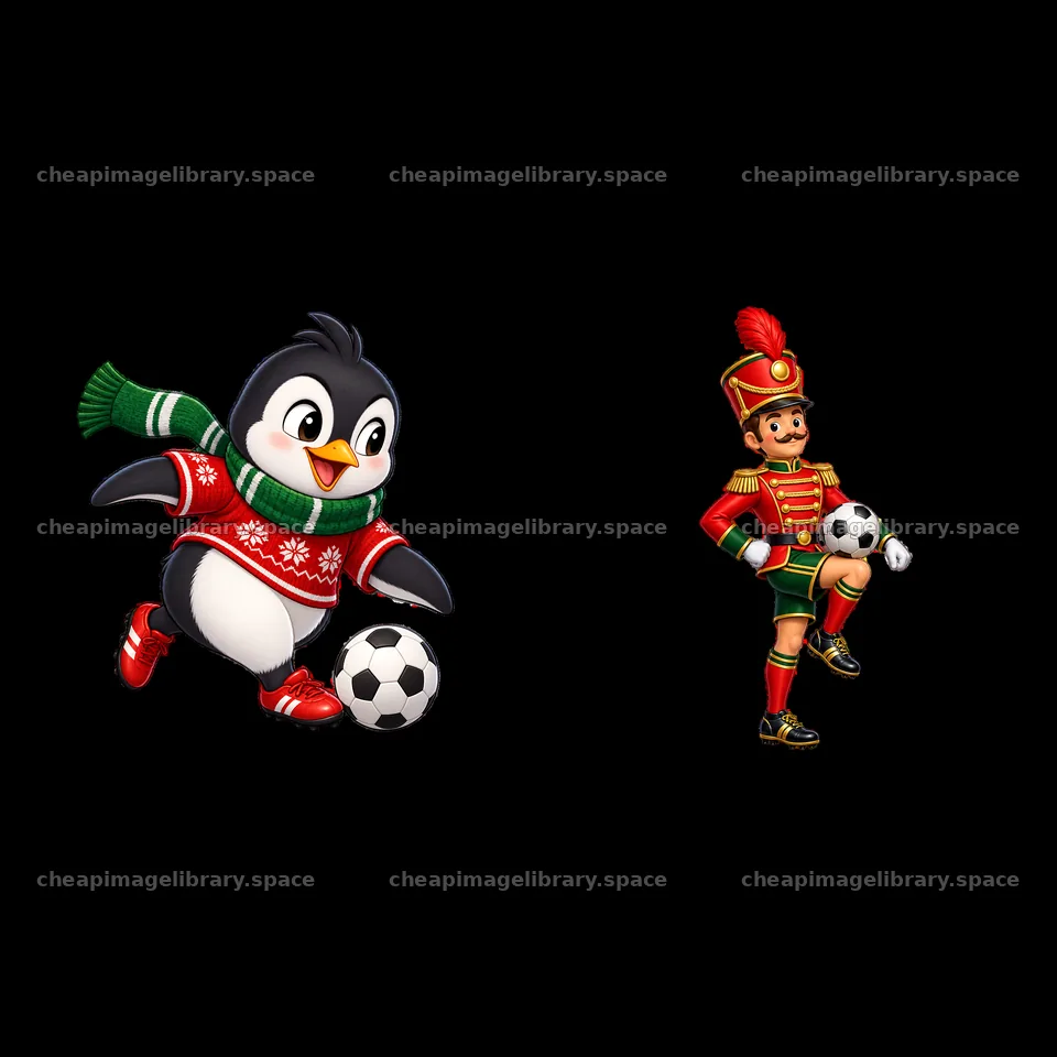 Penguin in sweater plays soccer with toy soldier in uniform – image library 7746x7746