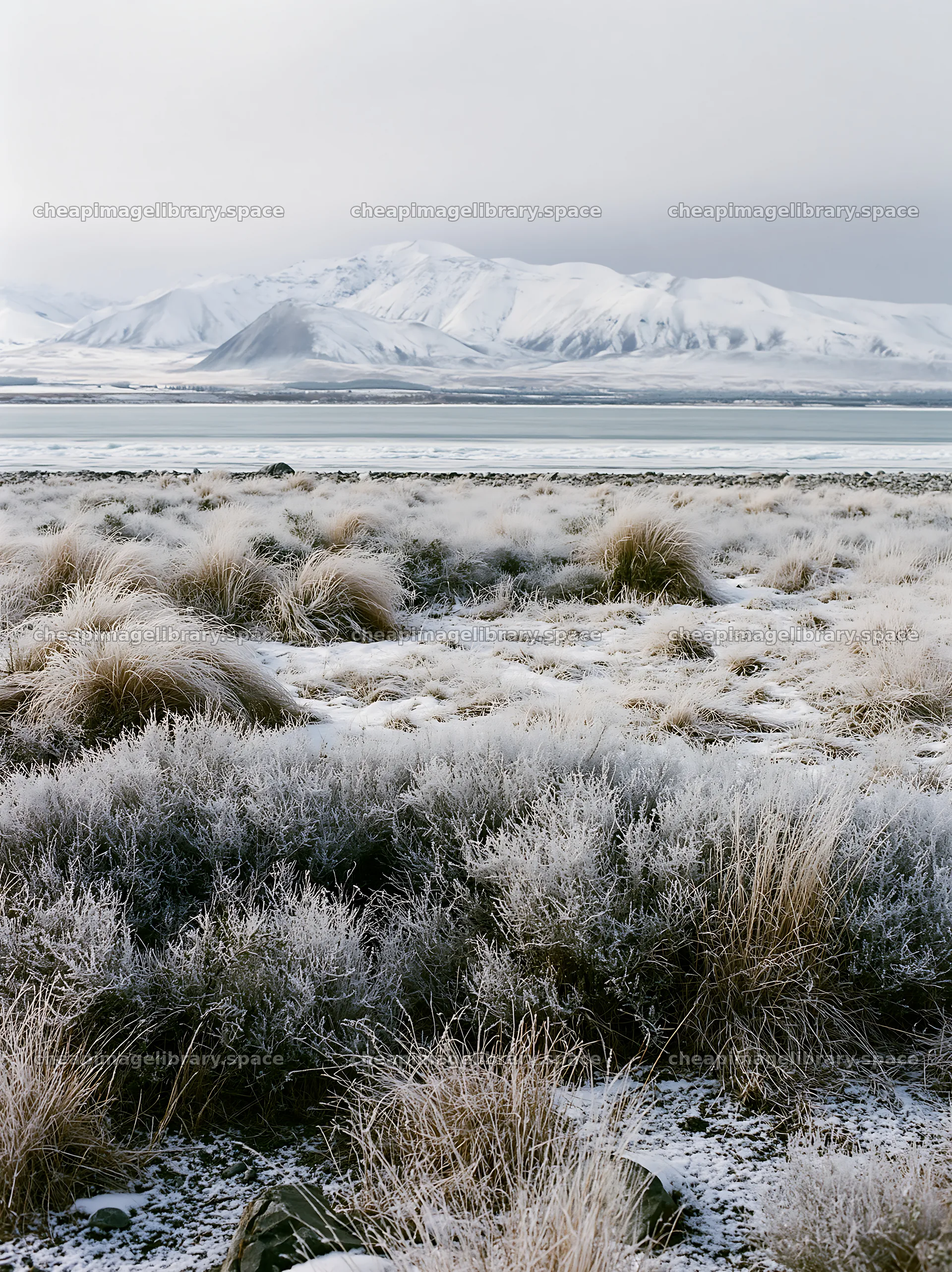 Lake Tekapo meadow snowy alps – image library 6866x9174