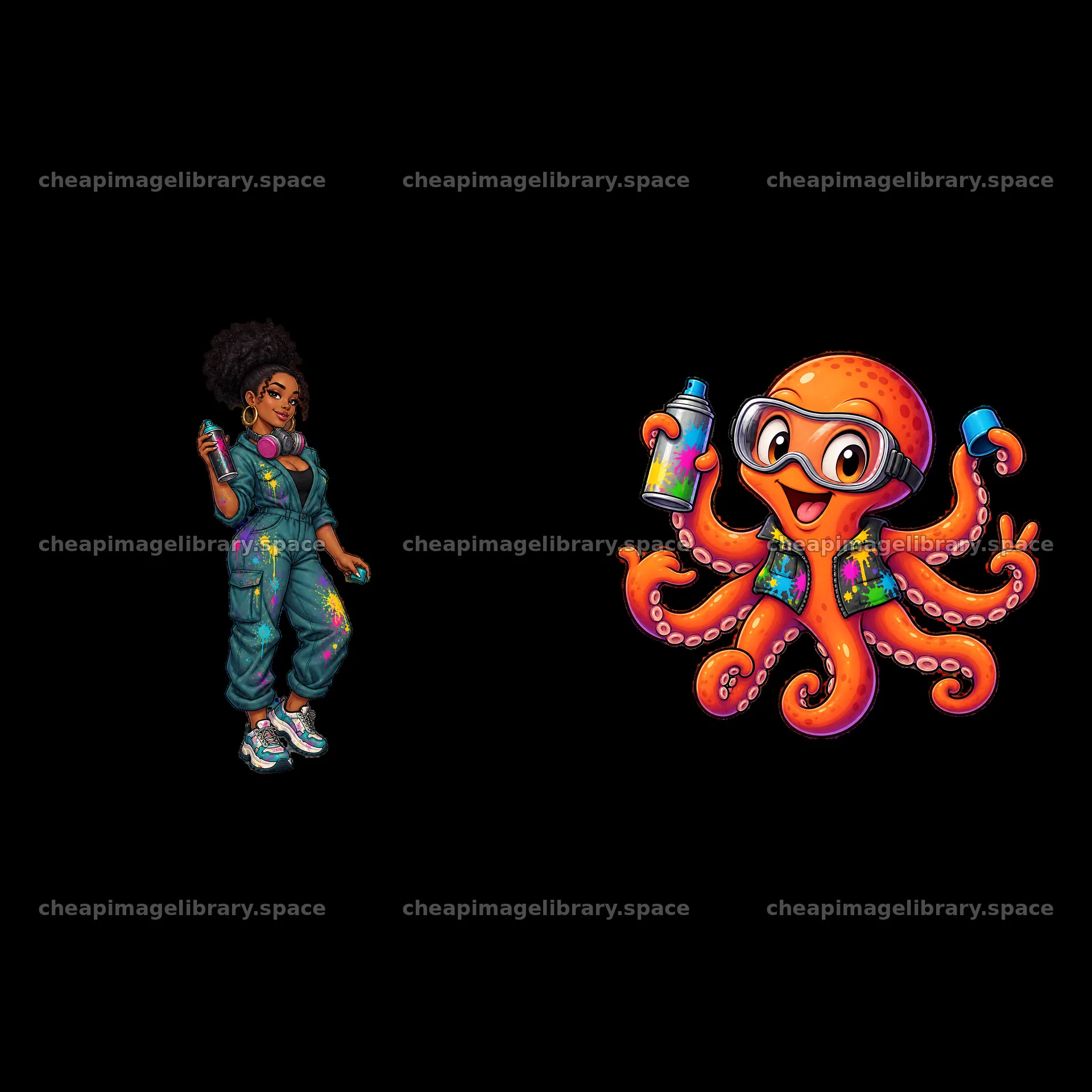 Graffiti artist and octopus with spray cans in bright colors – image library 7746x7746